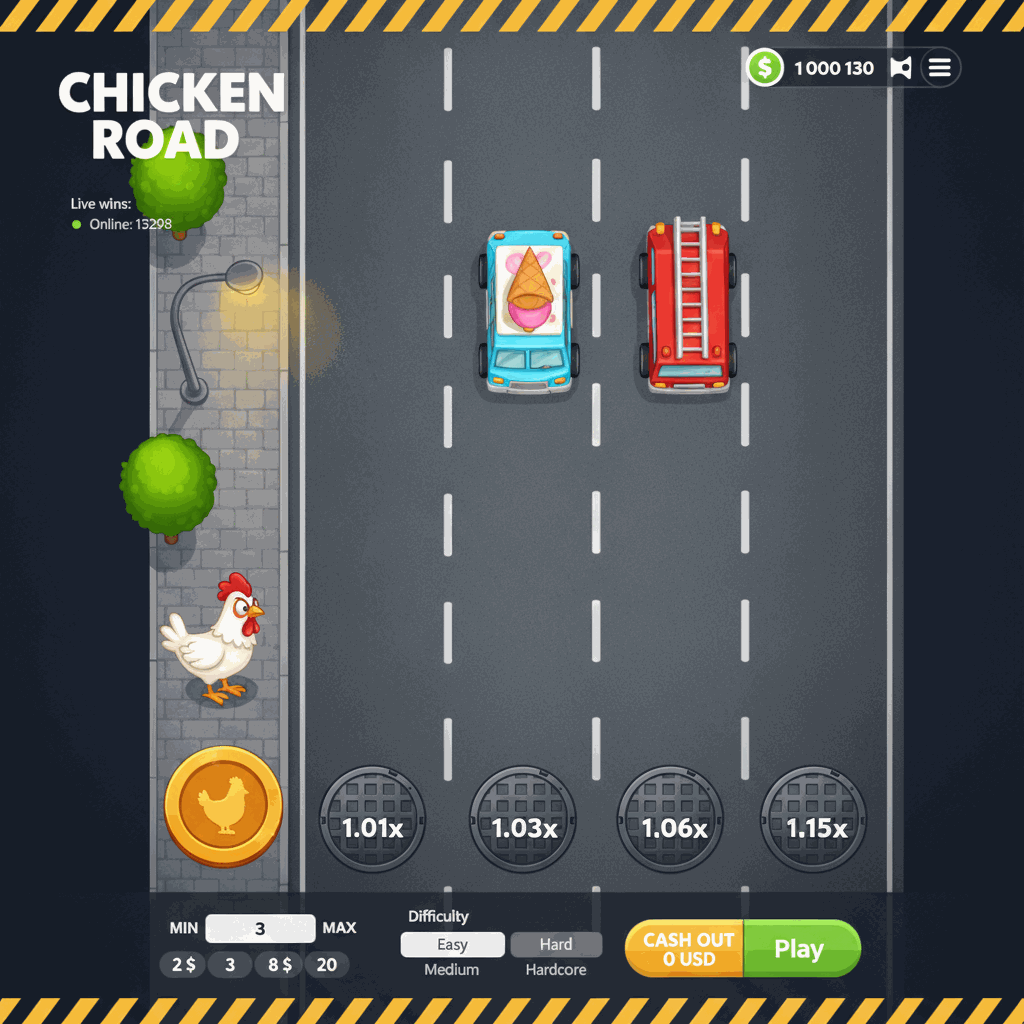 Jeu Chicken Road par InOut montrant une poule traversant une route à plusieurs voies avec des multiplicateurs visibles sur chaque voie, des voitures circulant et l'interface de jeu de crash avec options de mise et de retrait